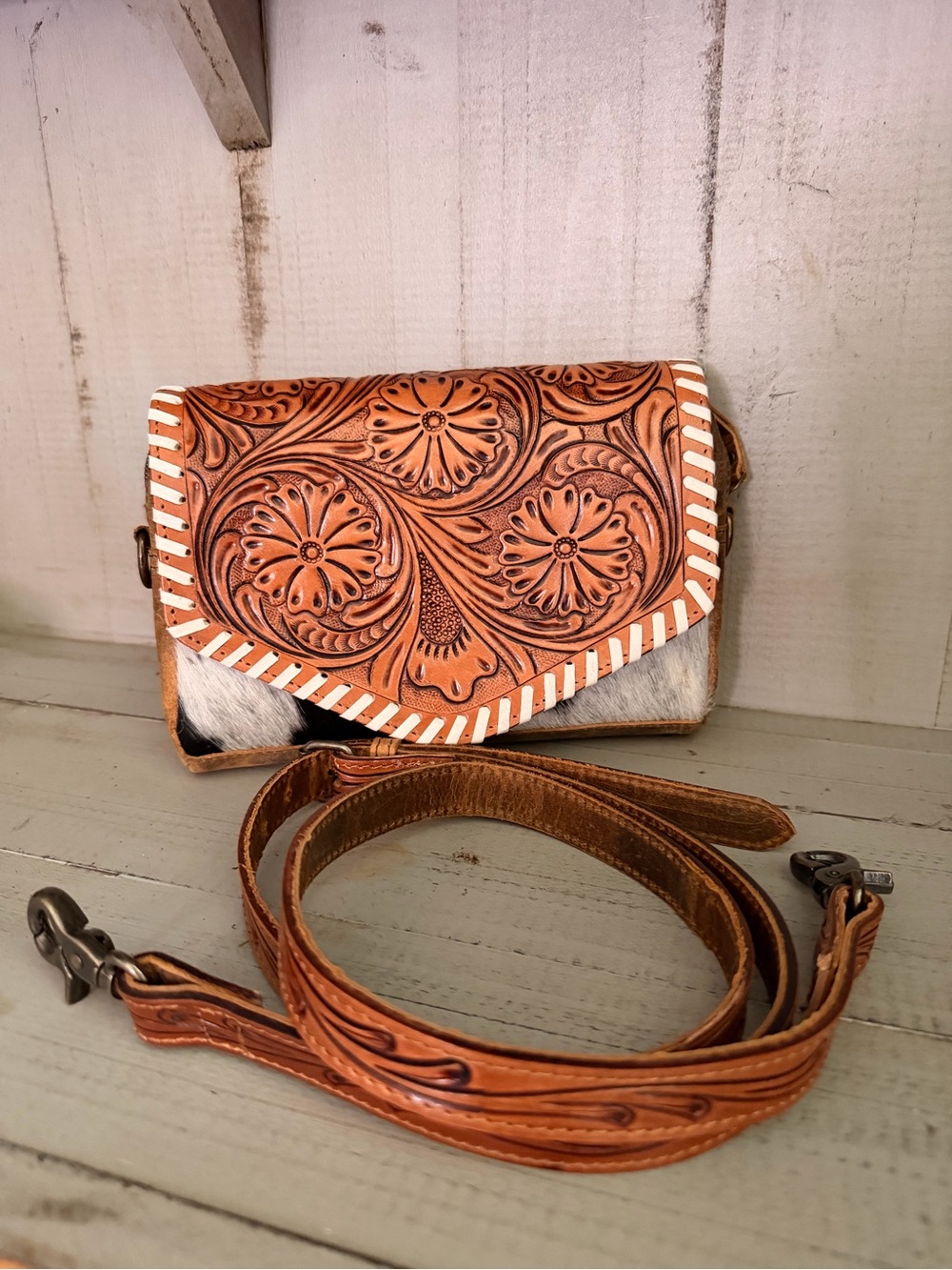 Genuine Tooled Leather Crossbody Bag with Cowhide Accent - Tan